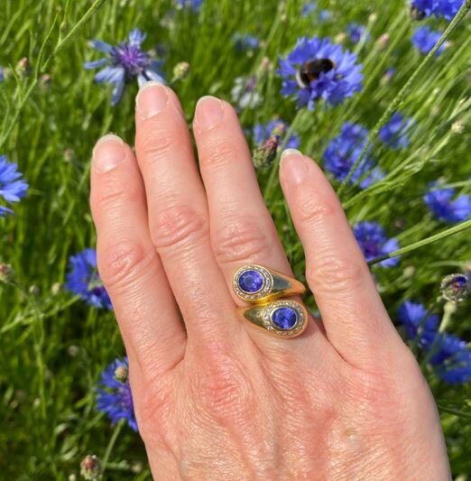 HIGH DOMED FLOWER with Sapphires and Blue Cabochons Brooch top