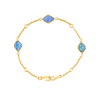 A flat-lay image of the 9ct Gold Blue Labradorite Adjustable Bracelet, Three Wishes, crafted from Fairmined 9ct yellow gold and hand-cut blue labradorites by Juraster.