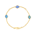 A flat-lay image of the 9ct Gold Blue Labradorite Adjustable Bracelet, Three Wishes, crafted from Fairmined 9ct yellow gold and hand-cut blue labradorites by Juraster.