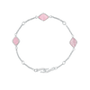 A flat-lay image of Juraster's Sterling Silver Rose Quartz Adjustable Bracelet, Three Wishes, crafted from Fairmined sterling silver and hand-cut rose quartz.