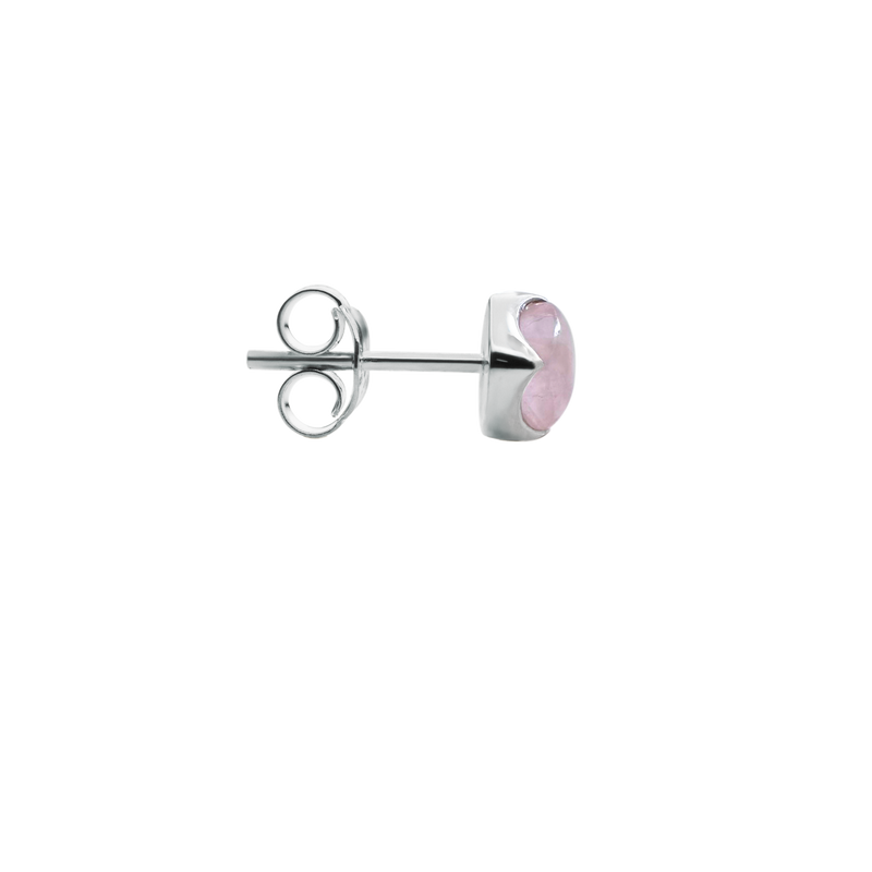 A side-view image of Juraster's Sterling Silver Rose Quartz Stud Earring, Adventure, crafted from Fairmined sterling silver and hand-cut rose quartz, with earring back.