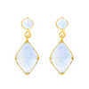 A front-view image of a pair of Juraster’s 9ct Gold Rainbow Moonstone Stud Earrings and Charms, Adventure, crafted from Fairmined yellow gold and hand-cut rainbow moonstone.