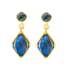 A front-view image of a pair of Juraster’s 9ct Gold Blue Labradorite Stud Earrings and Charms, Adventure, crafted from Fairmined yellow gold and hand-cut blue labradorites.