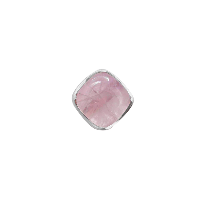 A front-view image of Juraster's Sterling Silver Rose Quartz Stud Earring, Adventure, crafted from Fairmined sterling silver and hand-cut rose quartz.