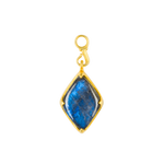 A front-view image of Juraster’s 9ct Gold Blue Labradorite Earring Charm, Adventure, crafted from Fairmined yellow gold and hand-cut blue labradorites.