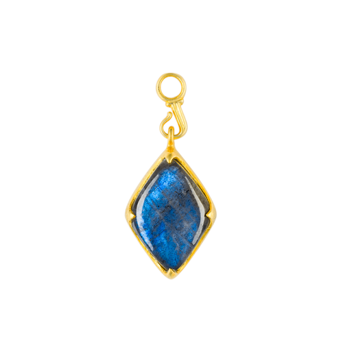 A front-view image of Juraster’s 9ct Gold Blue Labradorite Earring Charm, Adventure, crafted from Fairmined yellow gold and hand-cut blue labradorites.