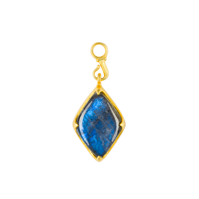 A front-view image of Juraster’s 9ct Gold Blue Labradorite Earring Charm, Adventure, crafted from Fairmined yellow gold and hand-cut blue labradorites.