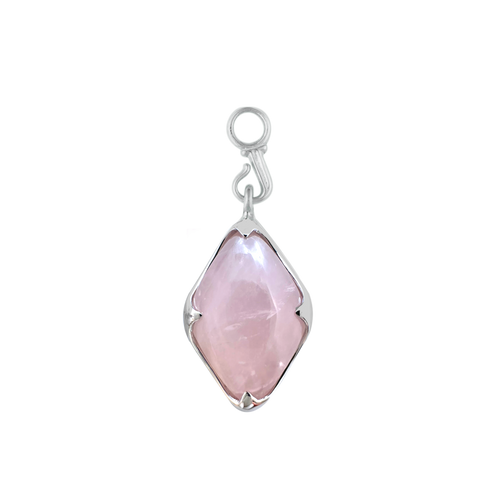 A front-view image of Juraster’s Sterling Silver Rose Quartz Earring Charm, Adventure, crafted from Fairmined sterling silver and a hand-cut rose quartz.