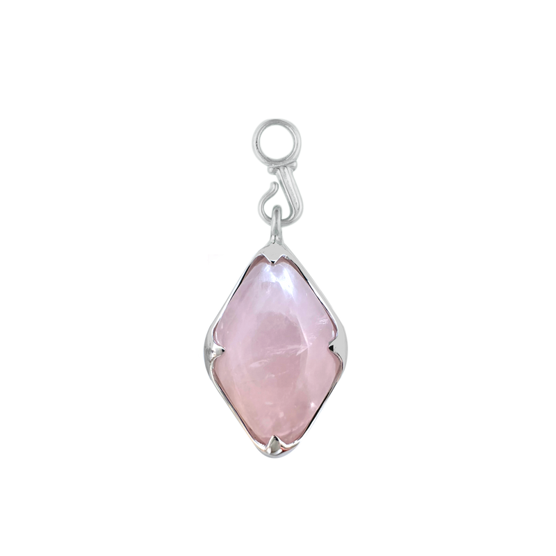 A front-view image of Juraster’s Sterling Silver Rose Quartz Earring Charm, Adventure, crafted from Fairmined sterling silver and a hand-cut rose quartz.