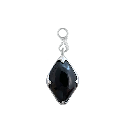 A front-view image of Juraster's Sterling Silver Black Onyx Earring Charm, Adventure, crafted from Fairmined sterling silver and hand-cut black onyx.