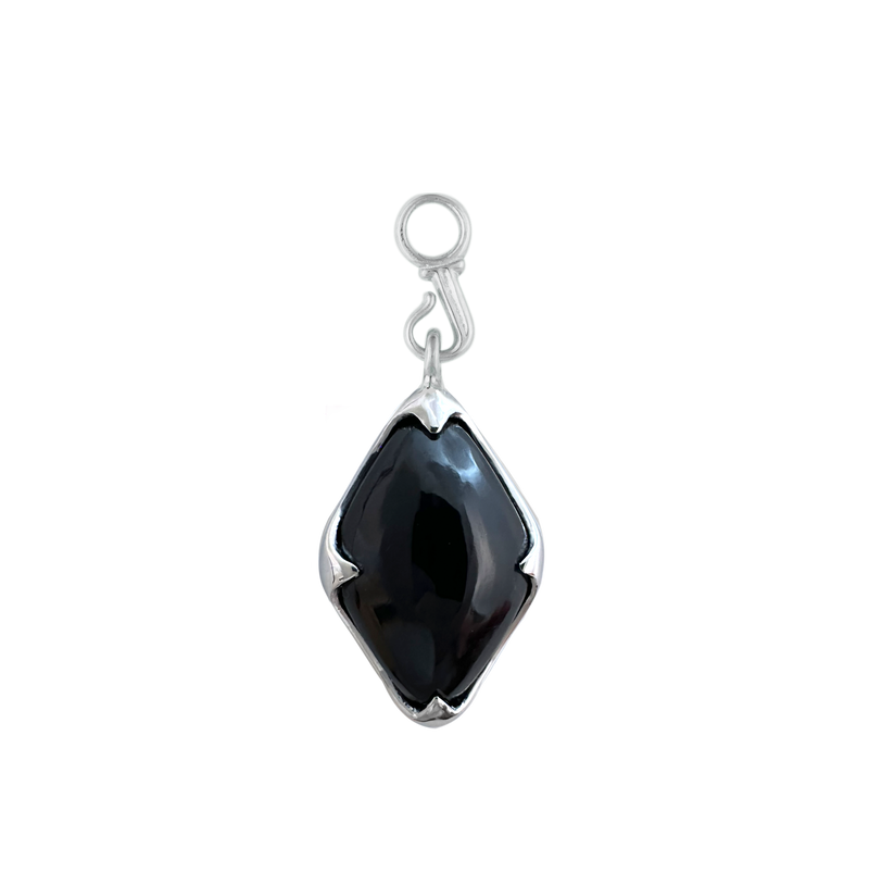 A front-view image of Juraster's Sterling Silver Black Onyx Earring Charm, Adventure, crafted from Fairmined sterling silver and hand-cut black onyx.