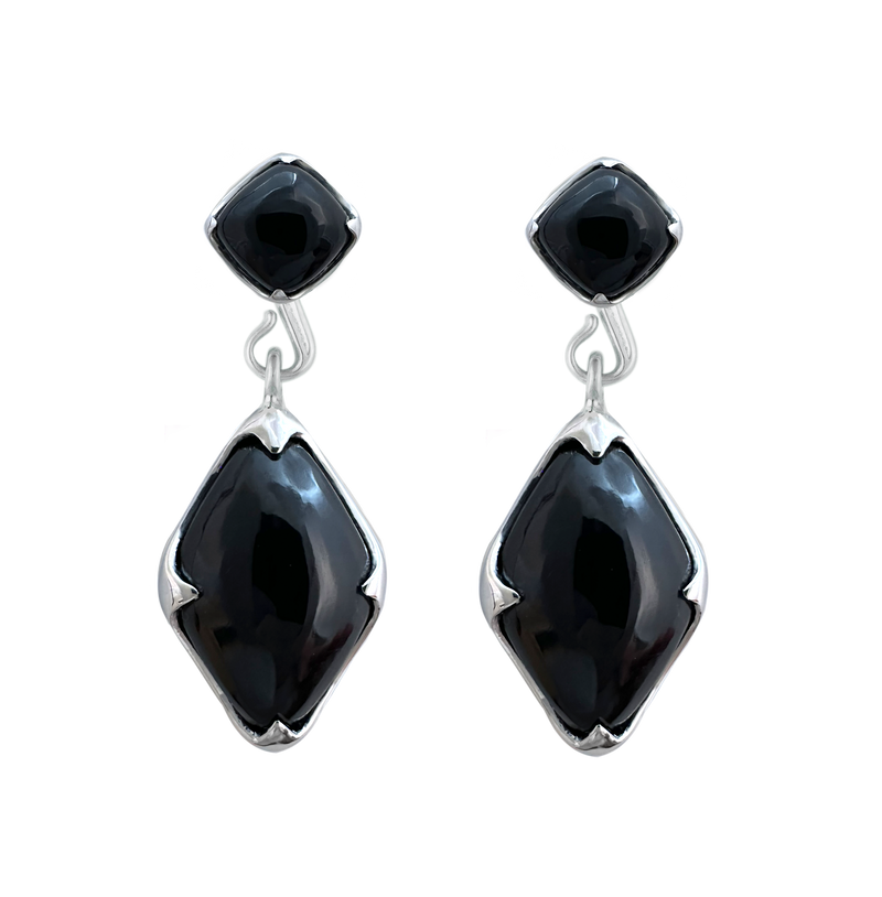 A front-view image of a pair of Juraster's Sterling Silver Black Onyx Stud Earrings and Charms, Adventure, crafted from Fairmined sterling silver and hand-cut black onyx.