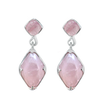 A front-view image of a pair of Juraster's Sterling Silver Rose Quartz Stud Earrings and Charms, Adventure, crafted from Fairmined sterling silver and hand-cut rose quartz.