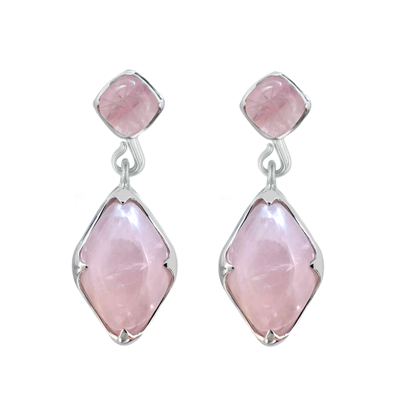 A front-view image of a pair of Juraster's Sterling Silver Rose Quartz Stud Earrings and Charms, Adventure, crafted from Fairmined sterling silver and hand-cut rose quartz.