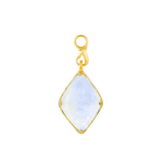 A front-view image of Juraster’s 9ct Gold Rainbow Moonstone Earring Charm, Adventure, crafted from Fairmined yellow gold and hand-cut rainbow moonstone.