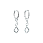 A front-view image of a pair of Juraster’s Sterling Silver Classic Hoop Earrings, attached to Sterling Silver Diamond-Shaped Earring Charms, Compass, crafted from Fairmined sterling silver.