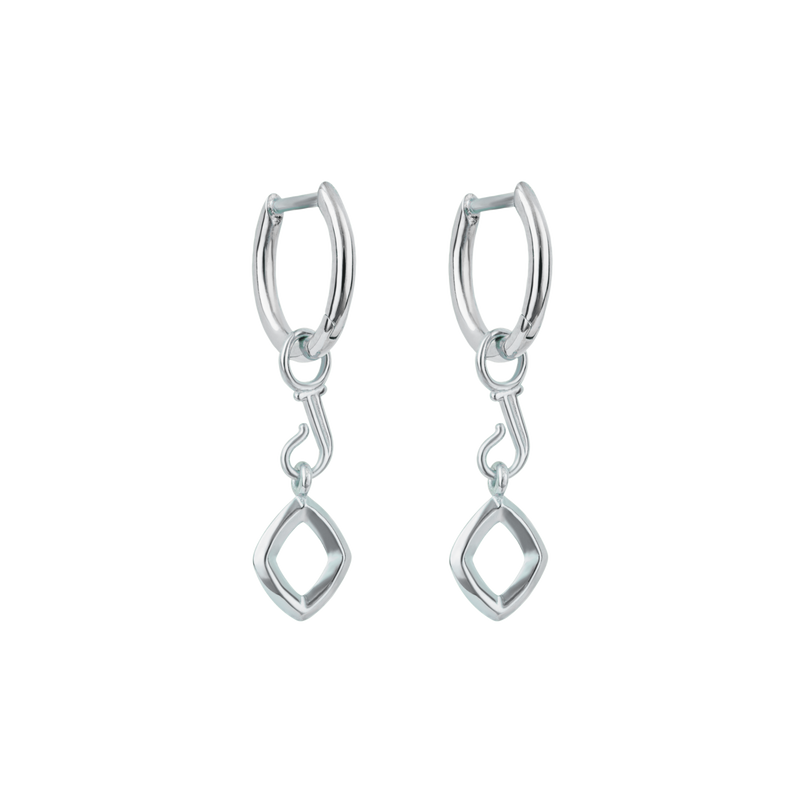 A front-view image of a pair of Juraster’s Sterling Silver Classic Hoop Earrings, attached to Sterling Silver Diamond-Shaped Earring Charms, Compass, crafted from Fairmined sterling silver.