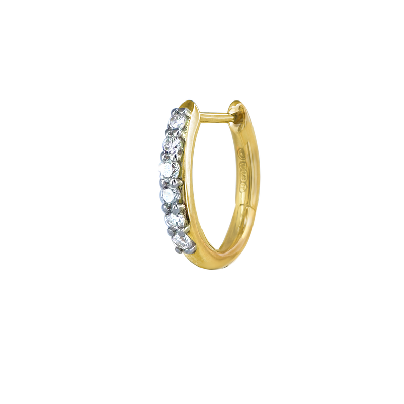 A side-view image of Juraster’s 9ct Gold Diamond Hoop Earring, Anchor, crafted from Fairmined yellow gold and conflict-free diamonds.