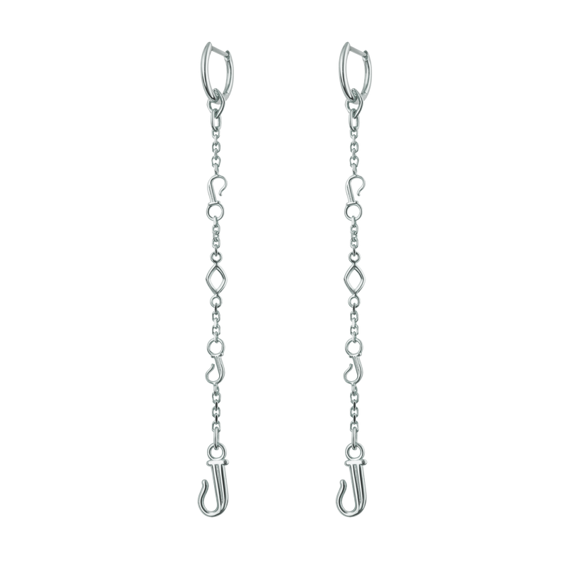 A front-view image of a pair of Juraster’s Sterling Silver Classic Hoop Earrings, attached to Sterling Silver Dangle Earring Charms, Discovery, crafted from Fairmined sterling silver.