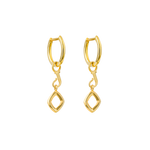 A front-view image of a pair of Juraster’s 9ct Gold Hoop Earrings, Anchor, attached to 9ct Gold Diamond-Shaped Earring Charms, Compass, crafted from Fairmined yellow gold.