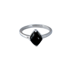 A front-view image of Juraster’s Sterling Silver Stacking Ring in Black Onyx, Lodestone, crafted from Fairmined 9ct sterling silver and a hand-cut black onyx gemstone.