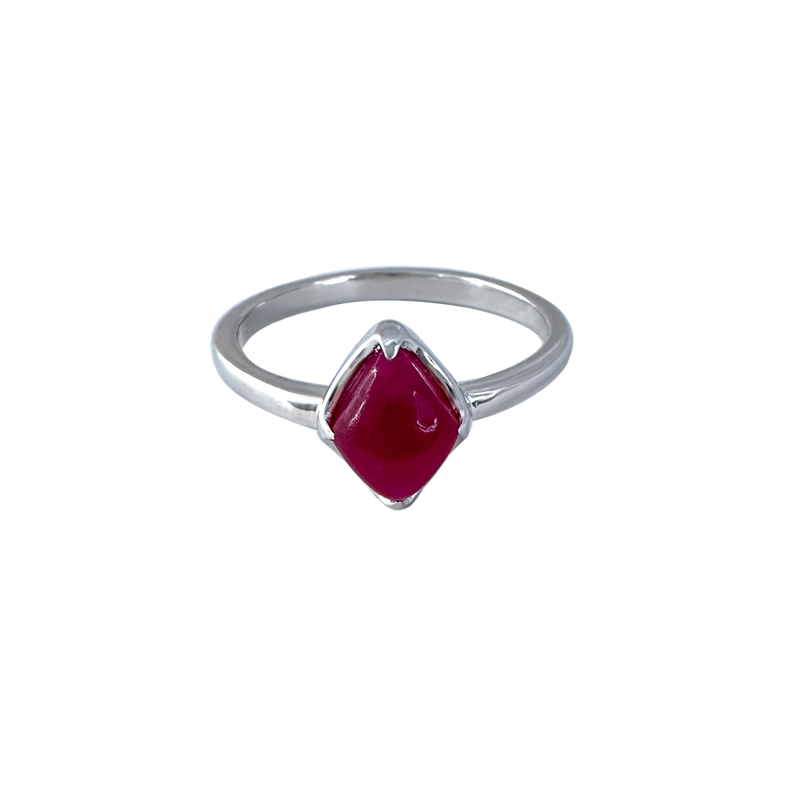 A front-view image of Juraster's Limited Edition Sterling Silver Stacking Ring in Red Quartz, Lodestone, crafted from Fairmined sterling silver and hand-cut red quartz.