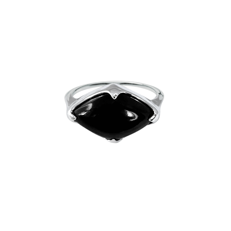 A front-view image of Juraster's Sterling Silver Black Onyx Statement Ring, Talisman, crafted from Fairmined sterling silver and hand-cut black onyx.