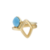 A front-view image of Juraster’s 9ct Gold Stacking Ring in Persian Blue Turquoise, Lodestone, crafted from Fairmined 9ct yellow gold and a hand-cut turquoise gemstone, stacked on top of a yellow gold diamond-shaped ring.