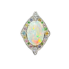 A front-view image of Juraster’s 14ct white gold transformable ring-pendant with opal, rainbow gemstones & diamonds, Selkie 2, crafted from Fairmined white gold, precious Australian opal, hand-cut gemstones and conflict-free diamonds.