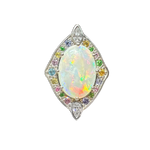 A front-view image of Juraster’s 14ct white gold transformable ring-pendant with opal, rainbow gemstones & diamonds, Selkie 2, crafted from Fairmined white gold, precious Australian opal, hand-cut gemstones and conflict-free diamonds.