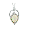 A front-view image of Juraster’s 14ct white gold transformable ring-pendant with opal, rainbow gemstones & diamonds, Selkie 2, crafted from Fairmined white gold, precious Australian opal, hand-cut gemstones and conflict-free diamonds, as a pendant on a necklace.