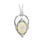 A front-view image of Juraster’s 14ct white gold transformable ring-pendant with opal, rainbow gemstones & diamonds, Selkie 2, crafted from Fairmined white gold, precious Australian opal, hand-cut gemstones and conflict-free diamonds, as a pendant on a necklace.