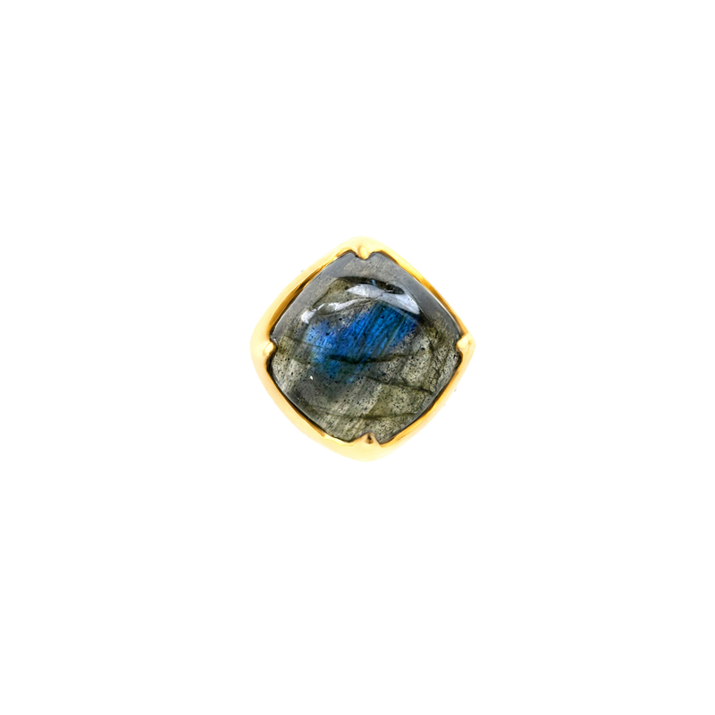 A front-view image of Juraster’s 9ct Gold Blue Labradorite Stud Earring, Adventure, crafted from Fairmined yellow gold and hand-cut blue labradorites.