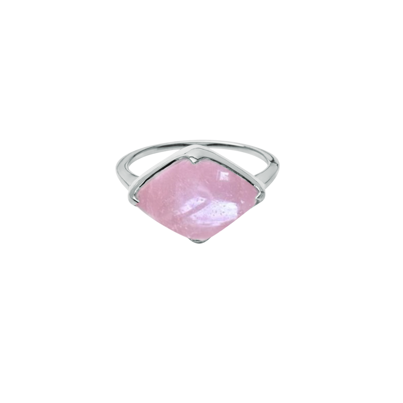 A front-view image of Juraster's Sterling Silver Rose Quartz Statement Ring, Talisman, crafted from Fairmined sterling silver and hand-cut rose quartz.