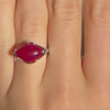 A video of a model wearing Juraster's Limited Edition Sterling Silver Red Quartz Ring, Talisman, crafted from Fairmined sterling silver and hand-cut red quartz.